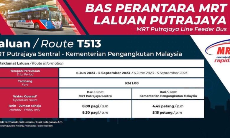 New feeder bus from MRT Putrajaya Sentral to the Transport Ministry – morning and evening only, RM1