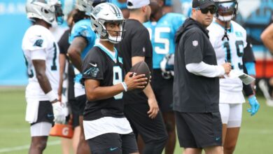Panthers QB Bryce Young shows frustration during practice drill