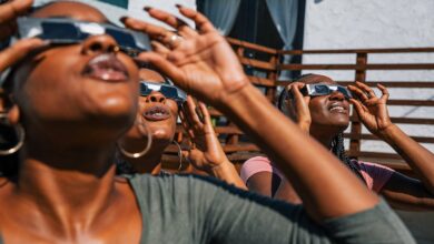 Women friends at home enjoying solar eclipse looking at the sun with eclipse sunglasses