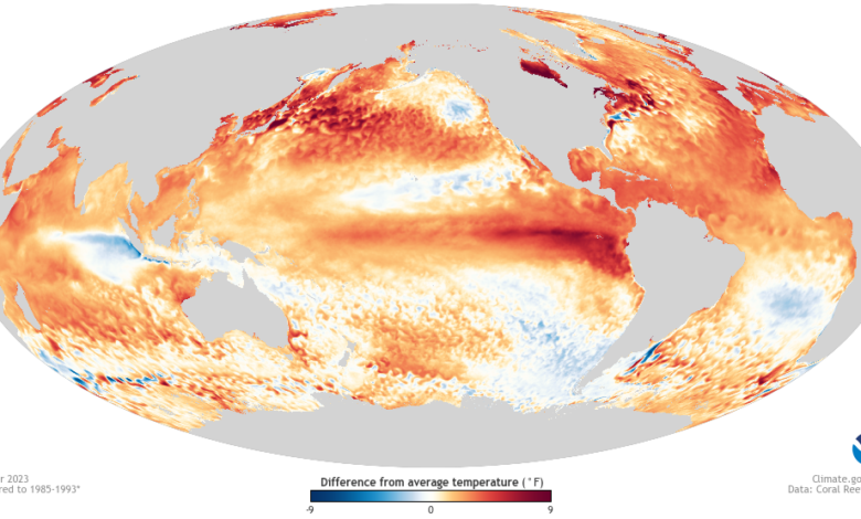 A map of global sea surface temperature anomalies in October 2023
