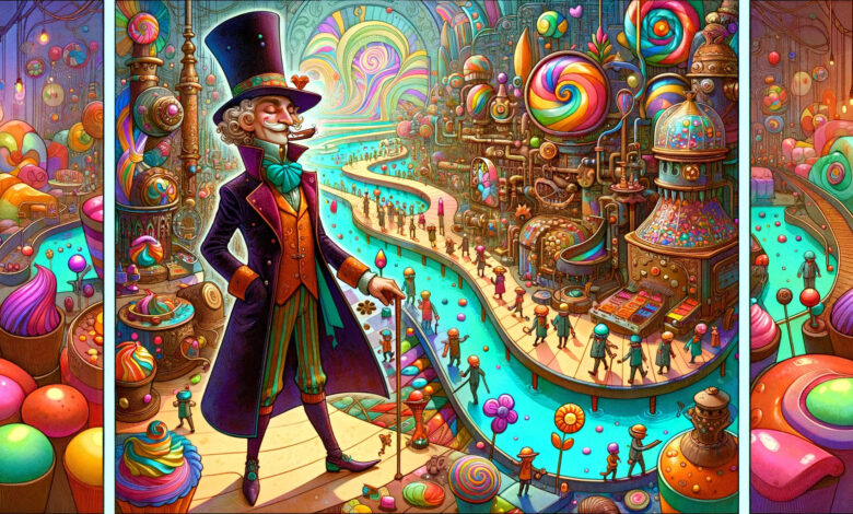 illustration of Willy Wonka looking over the chocolate factory