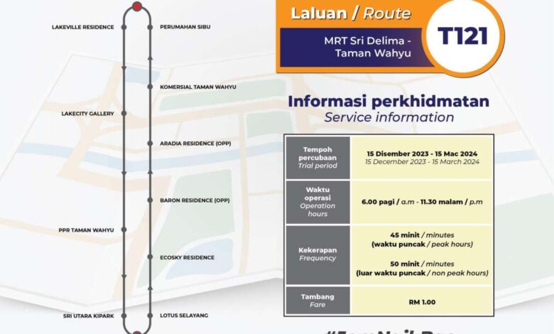 New MRT feeder bus for Taman Wahyu, Lakeville, KiPark – Sri Delima station on Putrajaya Line; Dec 15