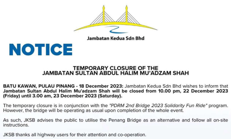 Second Penang Bridge closed to traffic this Fri night