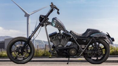 Vida's Harley FXR chopper is raked out and ready to rumble