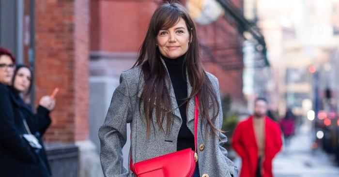 Katie Holmes Just Styled Dark Wash Jeans With A Grey Coat