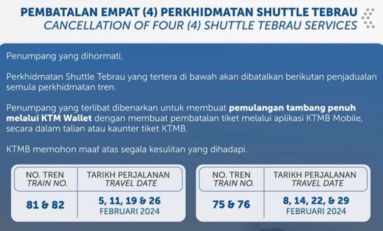 KTM cancels selected Shuttle Tebrau SG-JB services - involves 8 days in Feb, full refund for ticket holders