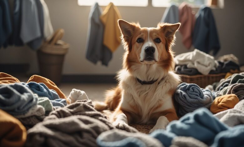 dog lying in pile of laundry