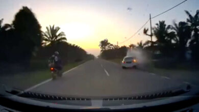Toyota Vios crashes head-on with bike in Muar, Johor