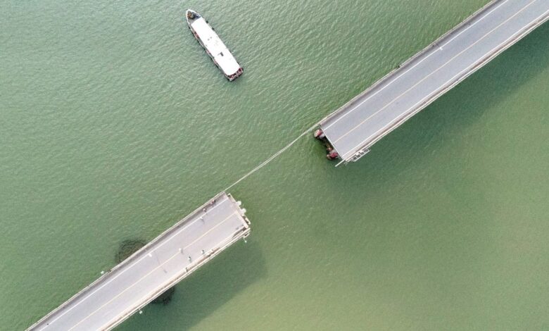 Container Ship Hits Bridge, Knocking Cars Into River Below