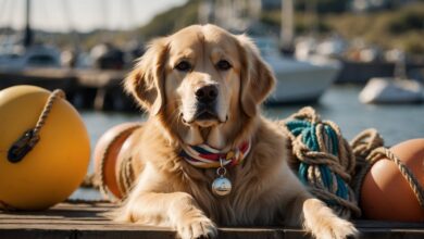 golden retriever lying on a dock with small boats in background