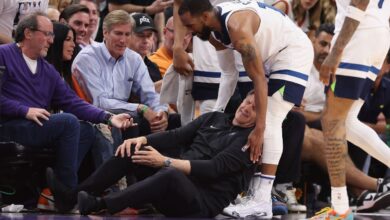 Wolves coach Chris Finch injured his knee in the sideline collision