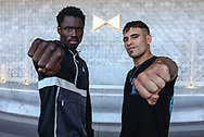 April 2, 2024; Las Vegas, NV; Richardson Hitchins and Gustavo Lemos face off outside the Fontainebleau Las Vegas for the first time during fight week. The two will fight in the main event of a Matchroom boxing card on Saturday, April 6, 2024 at the BleauLive Theater at Fontainebleau Las Vegas.  Mandatory Credit: Ed Mulholland/Matchroom.
