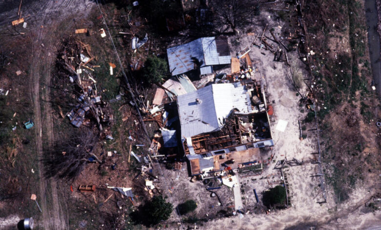 Aerial photo of damage to a home in Red Springs, NC, after the March 28, 1984 tornado