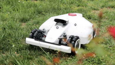 This lawn mowing robot looks like a racing car but cuts grass beautifully