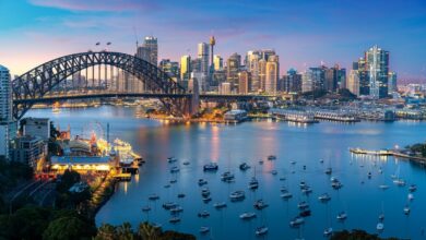 Cityscape image of Sydney, Australia with Harbor Bridge and Sydney skyline during sunset. Vacation and travel in Australia.