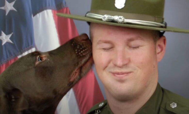 The police dog couldn't stop kissing the officer during an official photo session