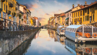 Navigli canals in the old town at sunset, Milan, Italy