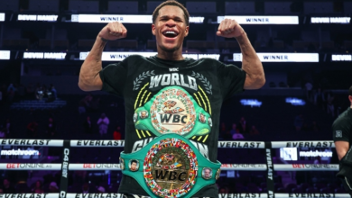 Devin Haney steps back to become the wbc junior welterweight champion during the break