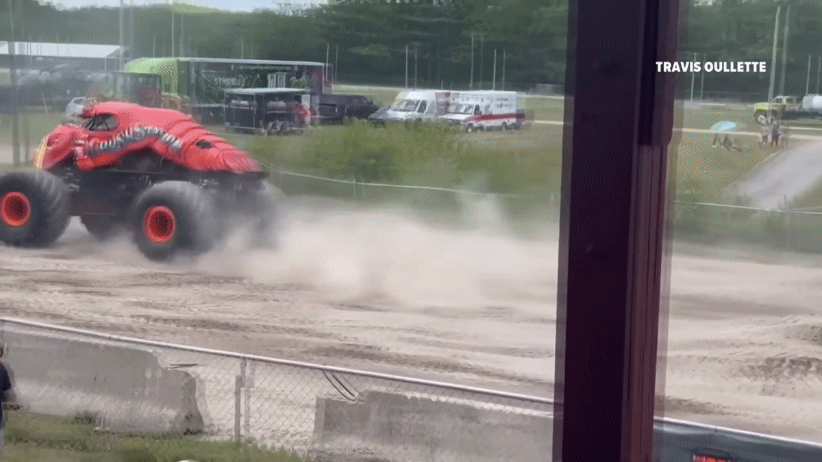 A shocking end to a monster truck race came after the lobster-themed truck crashed into power lines