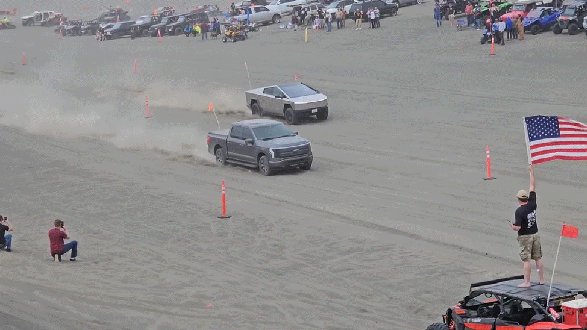 Tesla Cybertruck Is Dominated By F-150 Lightning In Sand Drag Race