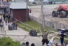 Monster truck jumps near power lines leading to predictably shocking consequences