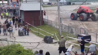 Monster truck jumps near power lines leading to predictably shocking consequences