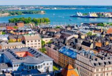 Aerial view over the Kruununhaka district in downtown Helsinki, with the Baltic sea in the background