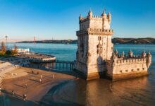 Drone view of Belem Tower in downtown Lisbon