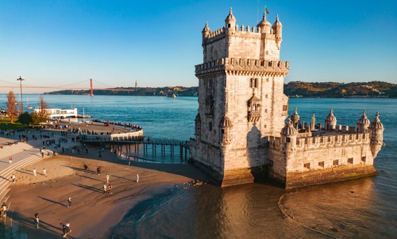 Drone view of Belem Tower in downtown Lisbon