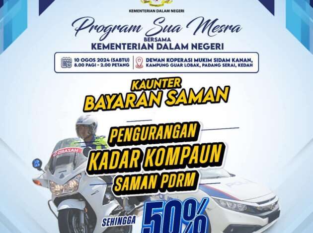 PDRM offering 50% saman discounts tomorrow in Padang Serai, Kedah – KDN’s Program Sua Mesra