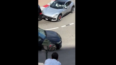 Ferrari F1 driver Charles Leclerc crashes his Purosangue into another car on the streets of Monaco