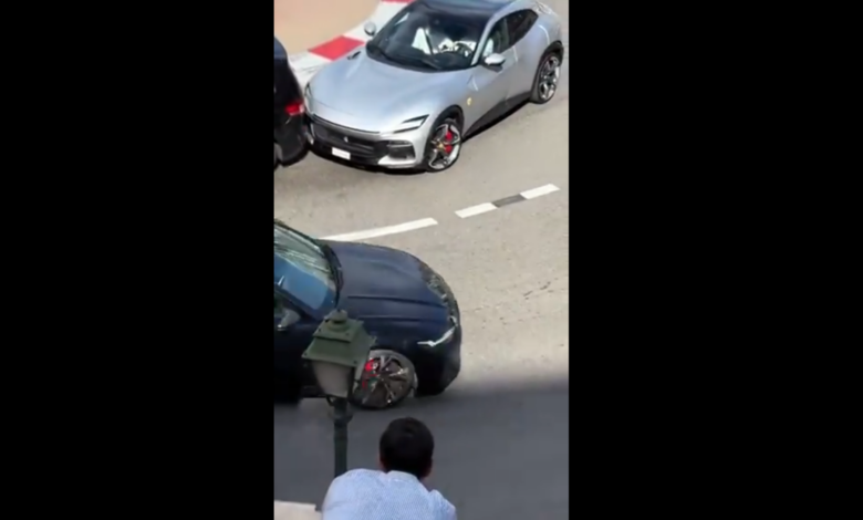 Ferrari F1 driver Charles Leclerc crashes his Purosangue into another car on the streets of Monaco