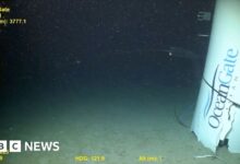 Video shows the tail tip of the Titan submarine on the seabed