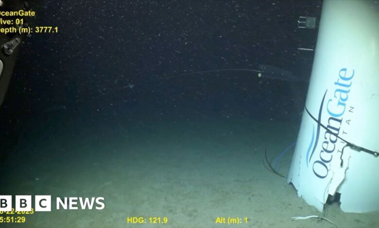 Video shows the tail tip of the Titan submarine on the seabed