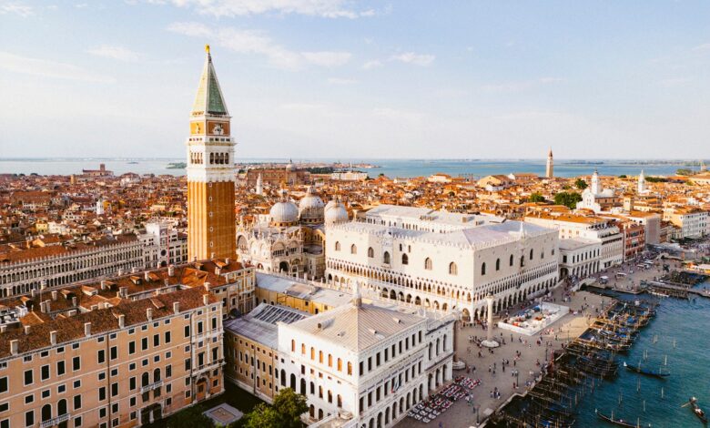 Aerial view over St Mark's square and city of Venice at sunset