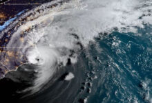 A satellite image of Hurricane Dorian shortly after its landfall on Hatteras Island on September 6, 2019