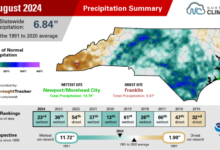 Infographic summarizing August 2024 rainfall, highlighting monthly average temperatures, deviations from normal, and comparisons to previous and recent years